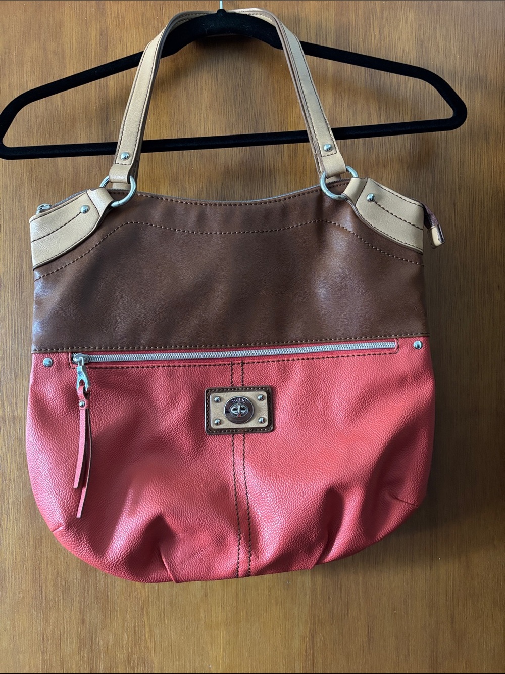 Relic Coral Leather Shoulder Bag with Tan Accent and Silver Hardware